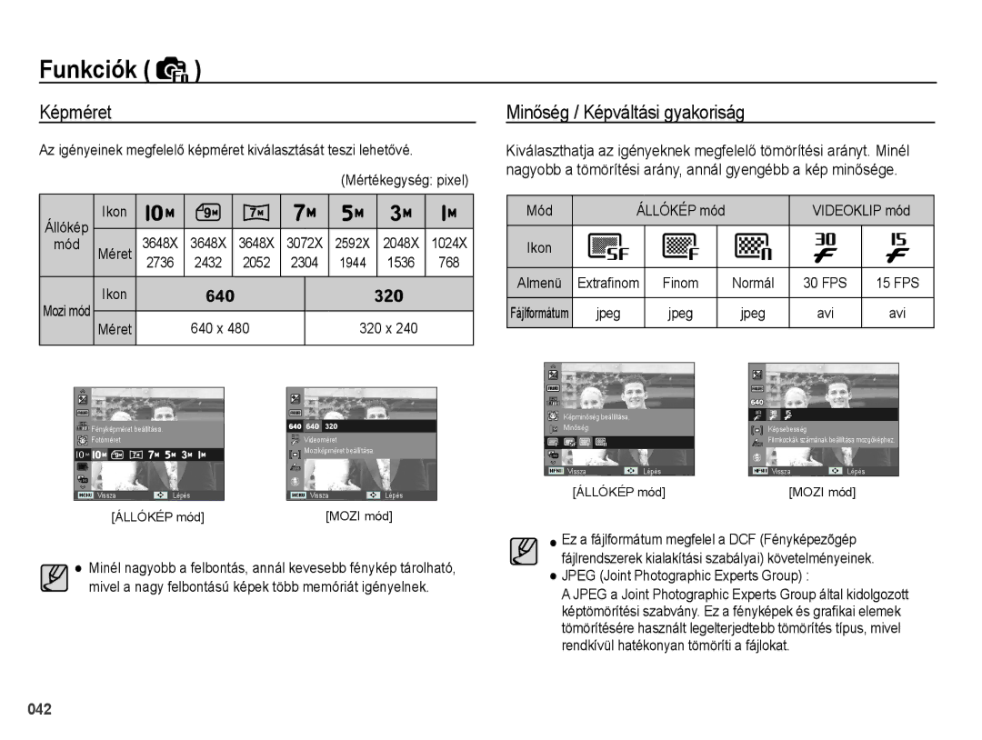 Samsung EC-PL51ZZBPBIT, EC-PL51ZZBPAE1, EC-PL51ZZBPNE1, EC-PL51ZZBPAIT manual Képméret, Minőség / Képváltási gyakoriság 