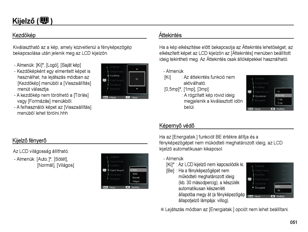 Samsung EC-PL51ZZBPAIT, EC-PL51ZZBPAE1 Kezdőkép, Áttekintés, Képernyõ védõ Kijelzõ fényerõ, Almenük Ki*, Logó, Saját kép 