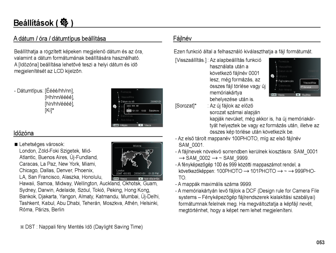 Samsung EC-PL51ZZBPNE3, EC-PL51ZZBPAE1, EC-PL51ZZBPNE1 Dátum / óra / dátumtípus beállítása, Fájlnév, Lehetséges városok 