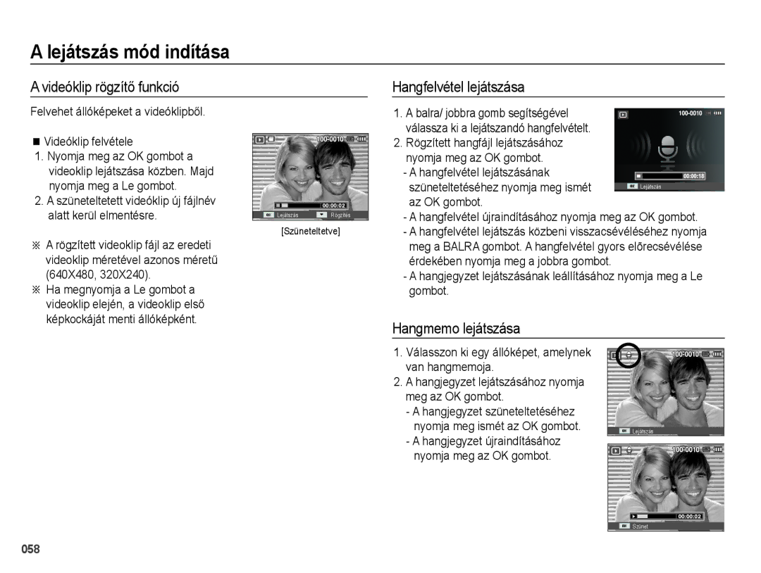 Samsung EC-PL51ZZBPAE2, EC-PL51ZZBPAE1 manual Videóklip rögzítő funkció, Hangfelvétel lejátszása, Hangmemo lejátszása 