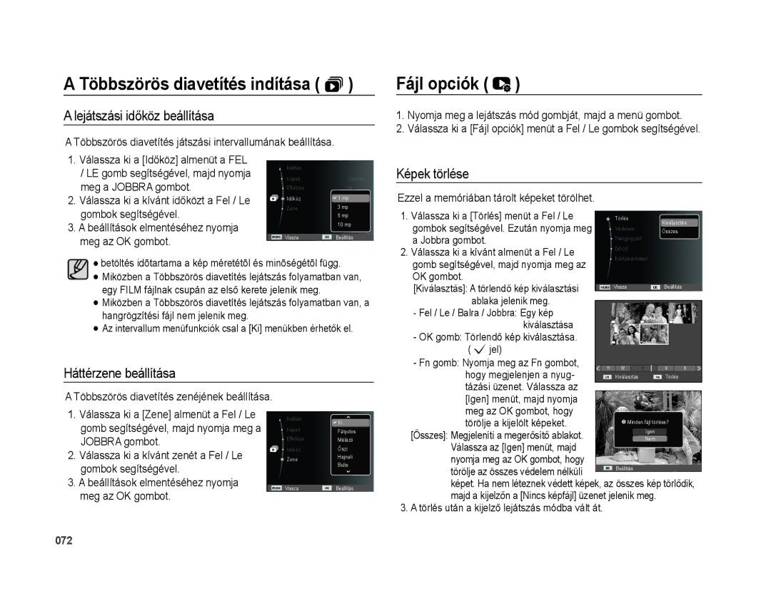 Samsung EC-PL51ZZBPBIT manual Többszörös diavetítés indítása ì, Fájl opciók, Lejátszási időköz beállítása, Képek törlése 