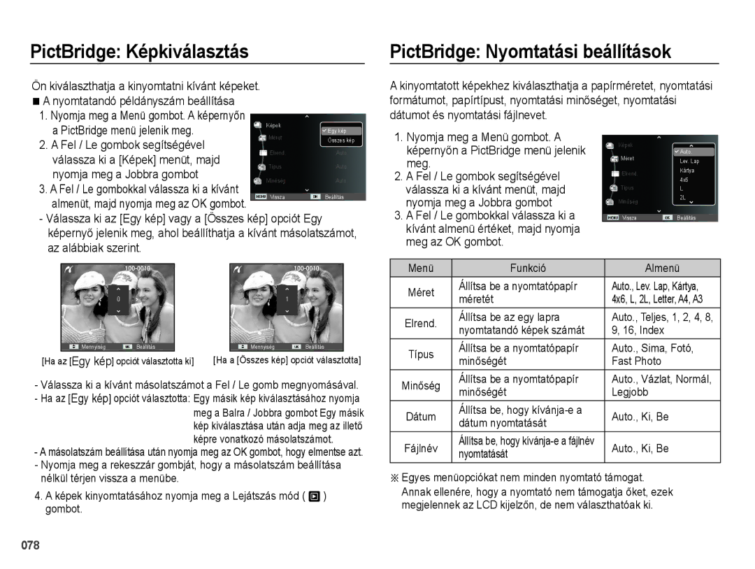 Samsung EC-PL51ZZBPAE2 PictBridge Képkiválasztás, PictBridge Nyomtatási beállítások, Dátumot és nyomtatási fájlnevet, Meg 