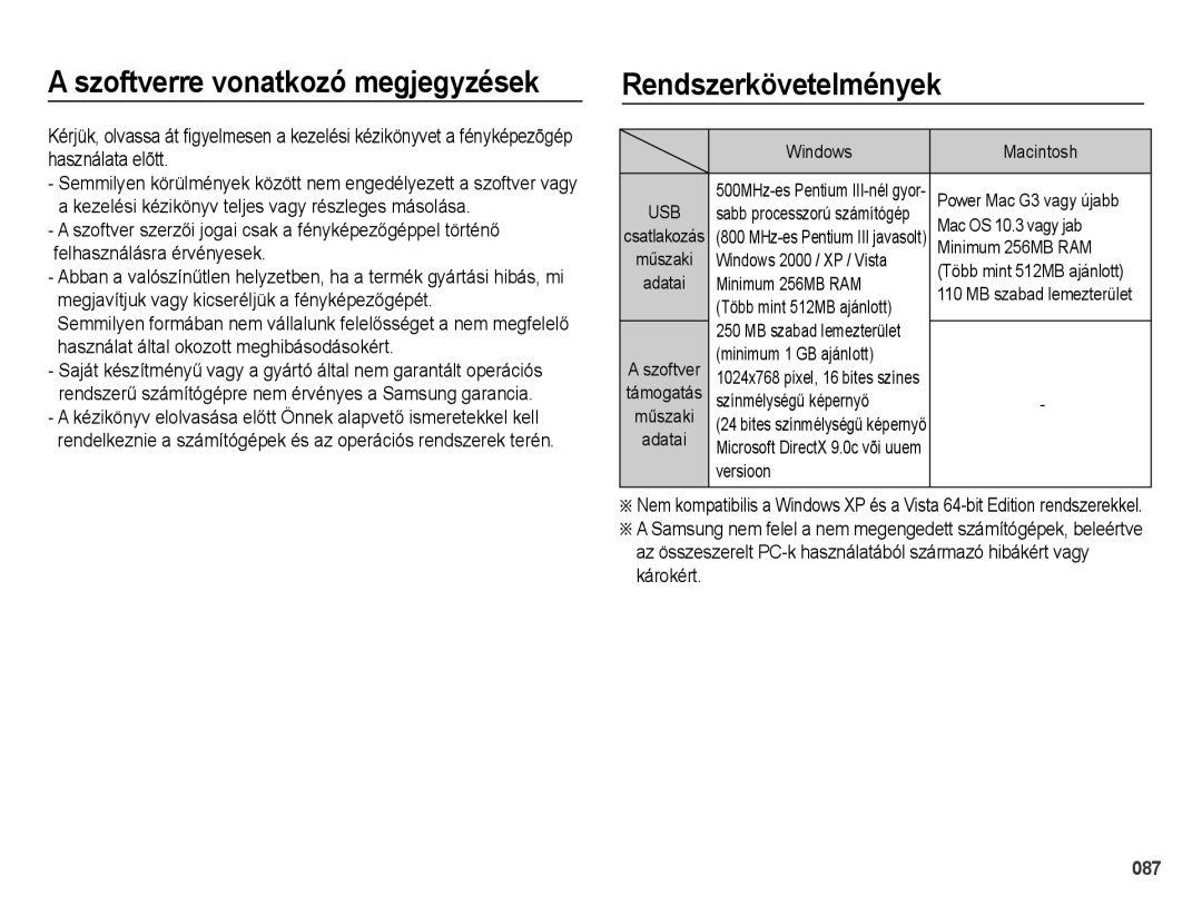 Samsung EC-PL51ZZBPRE2, EC-PL51ZZBPAE1, EC-PL51ZZBPNE1 manual Szoftverre vonatkozó megjegyzések, Rendszerkövetelmények 