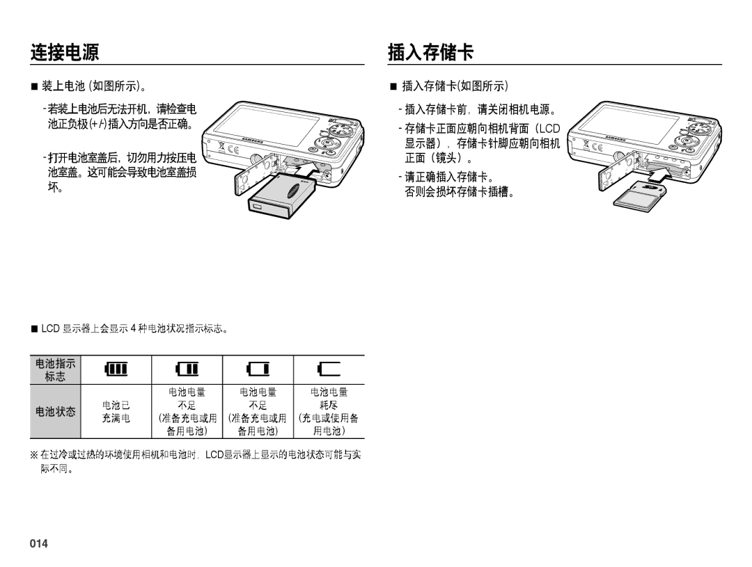 Samsung EC-PL51ZZBPBE3 装上电池 如图所示。 若装上电池后无法开机，请检查电 池正负极+/-插入方向是否正确。, 插入存储卡如图所示 插入存储卡前，请关闭相机电源。, 请正确插入存储卡。 否则会损坏存储卡插槽。 