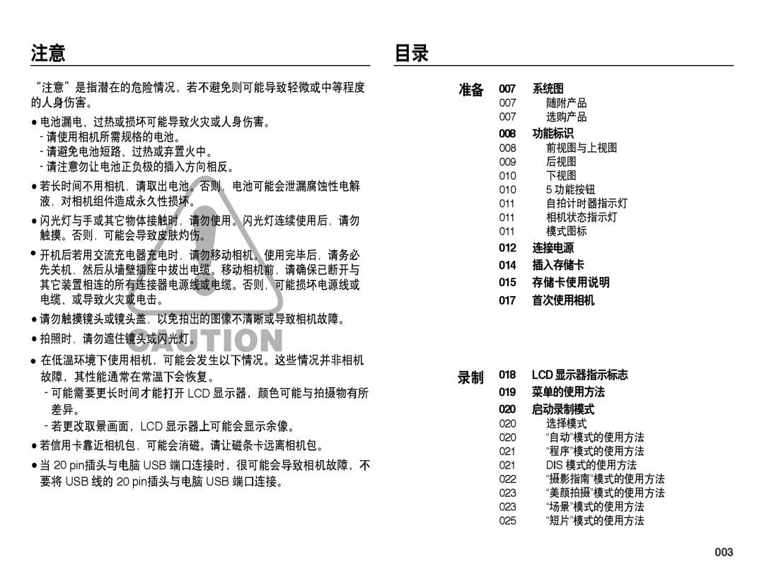 Samsung EC-PL51ZZBPNE3, EC-PL51ZZBPAE1 manual 注意目录, 请勿触摸镜头或镜头盖，以免拍出的图像不清晰或导致相机故障。 拍照时，请勿遮住镜头或闪光灯。, 007 系统图, 008 功能标识, 003 