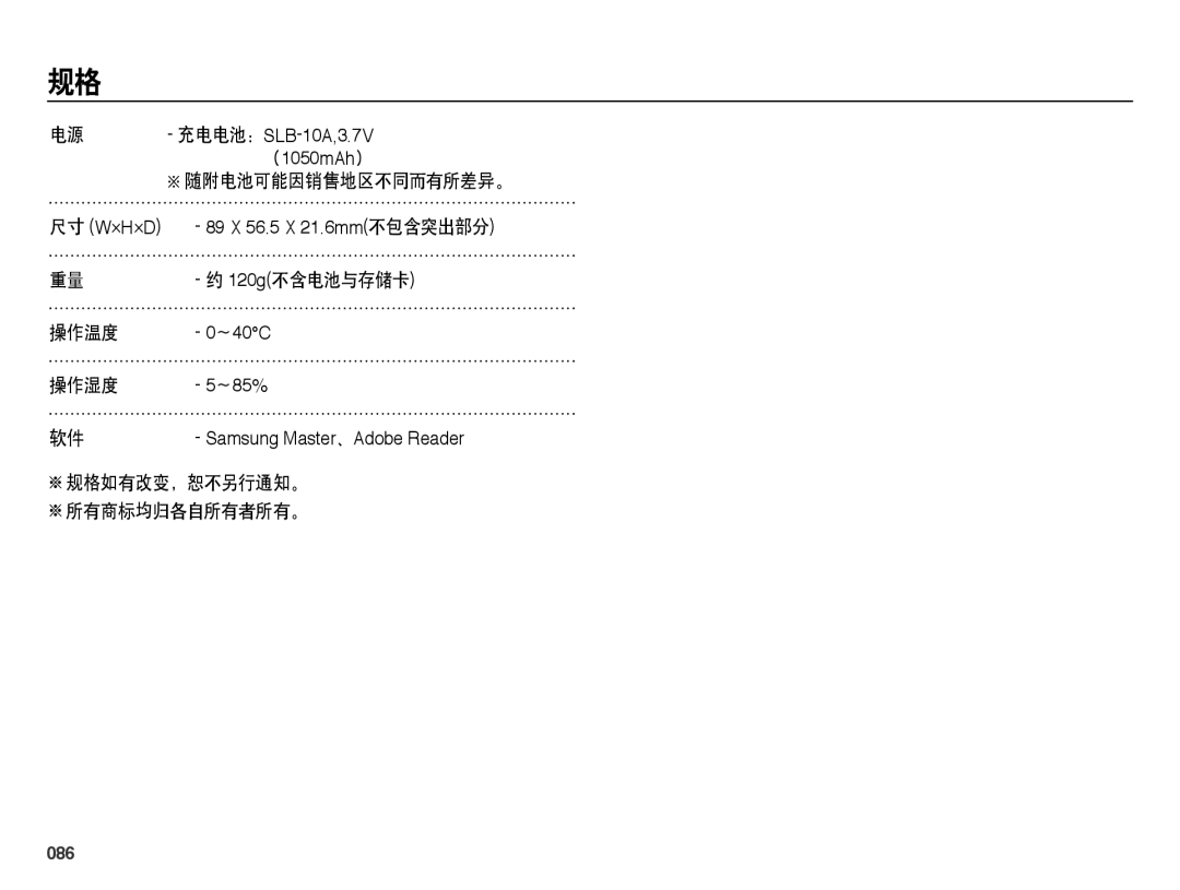 Samsung EC-PL51ZZBPAE3, EC-PL51ZZBPAE1, EC-PL51ZZBPNE1, EC-PL51ZZBPAIT 随附电池可能因销售地区不同而有所差异。, 120g不含电池与存储卡, 操作温度, 操作湿度, 086 