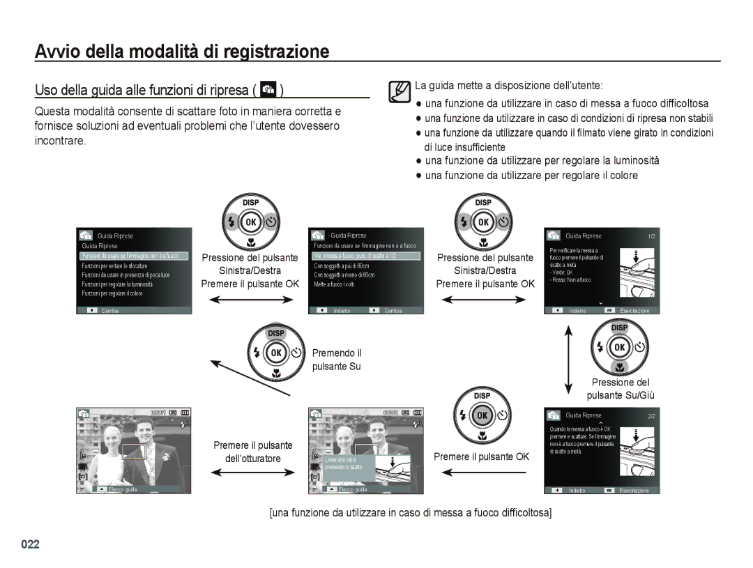 Samsung EC-PL51ZZBPNIT manual Uso della guida alle funzioni di ripresa, Sinistra/Destra, Pressione del Pulsante Su/Giù 