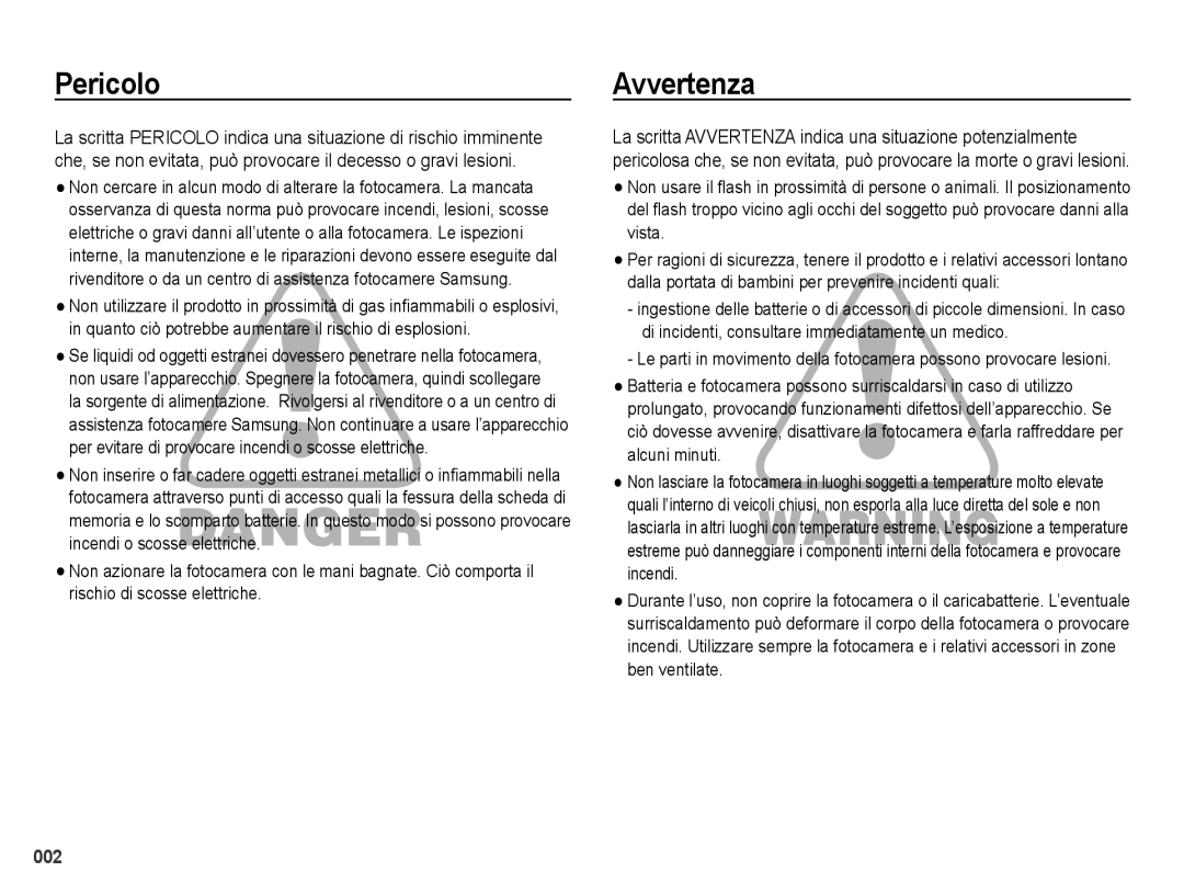 Samsung EC-PL51ZZBPNIT, EC-PL51ZZBPAIT, EC-PL51ZZBPBE1, EC-PL51ZZBPRIT, EC-PL51ZZBPBIT manual Pericolo, Avvertenza 