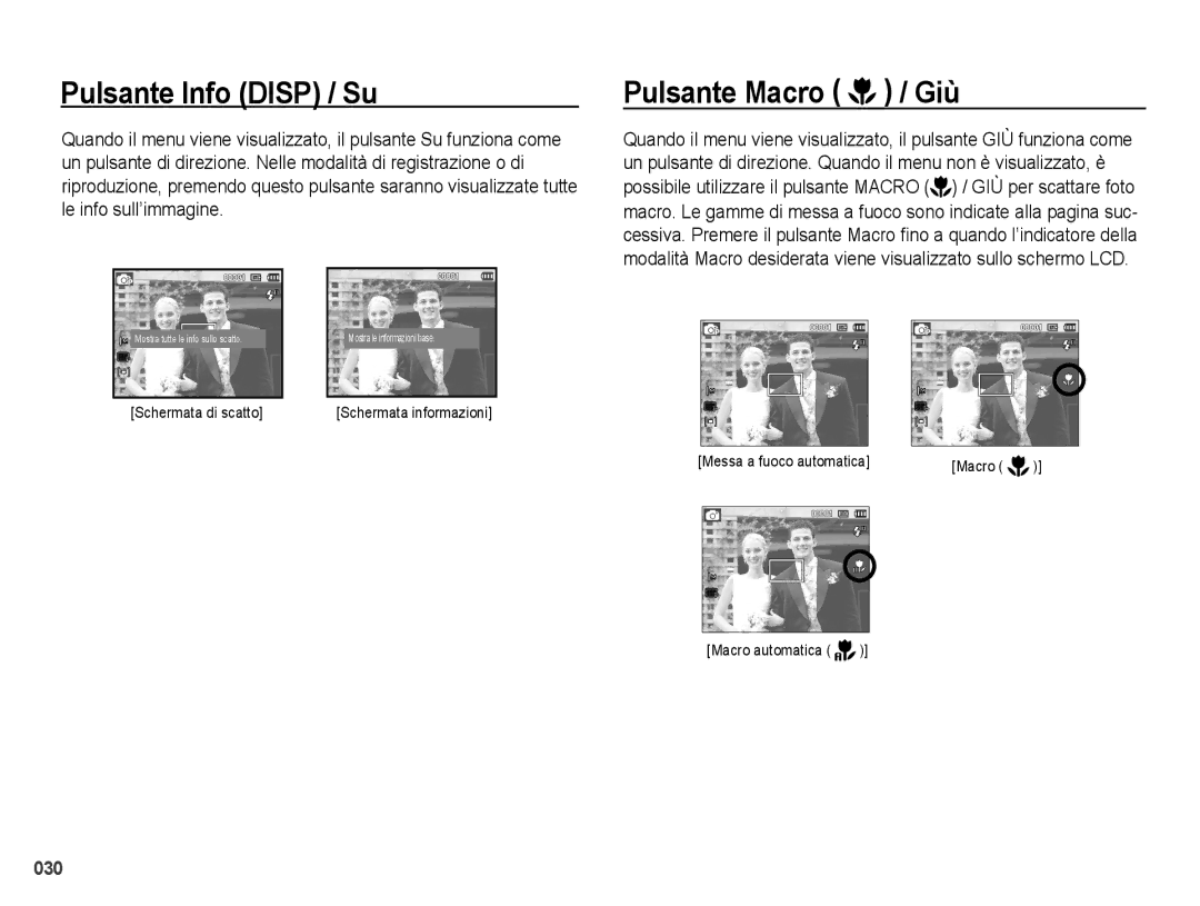 Samsung EC-PL51ZZBPBE1, EC-PL51ZZBPAIT, EC-PL51ZZBPRIT, EC-PL51ZZBPNIT manual Pulsante Info Disp / Su, Pulsante Macro / Giù 