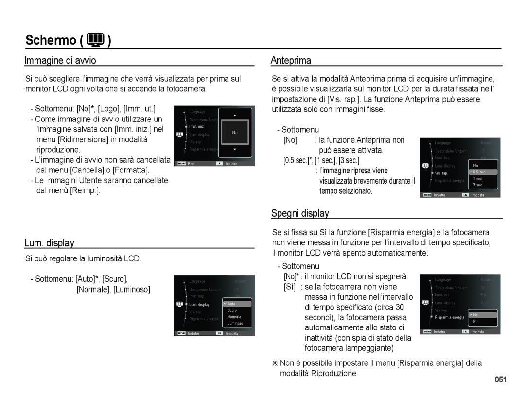 Samsung EC-PL51ZZBPRIT, EC-PL51ZZBPAIT, EC-PL51ZZBPBE1 manual Immagine di avvio, Anteprima, Spegni display Lum. display 