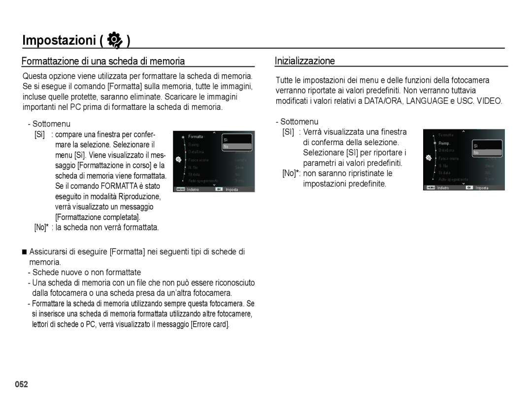 Samsung EC-PL51ZZBPNIT, EC-PL51ZZBPAIT manual Impostazioni, Formattazione di una scheda di memoria, Inizializzazione 