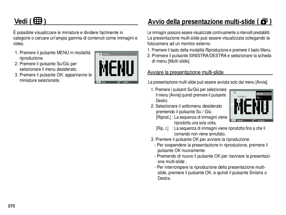 Samsung EC-PL51ZZBPBE1, EC-PL51ZZBPAIT Vedi, Avviare la presentazione multi-slide, Destro, Premendo il pulsante Su / Giù 