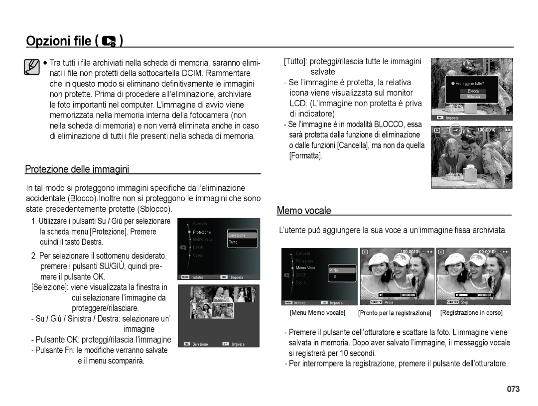 Samsung EC-PL51ZZBPBIT manual Protezione delle immagini, Memo vocale, Tutto proteggi/rilascia tutte le immagini salvate 