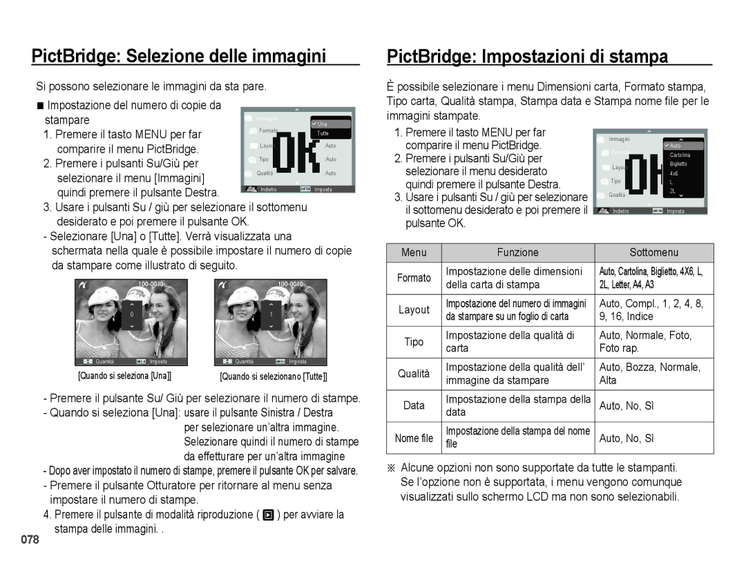 Samsung EC-PL51ZZBPBIT, EC-PL51ZZBPAIT manual PictBridge Selezione delle immagini, PictBridge Impostazioni di stampa 