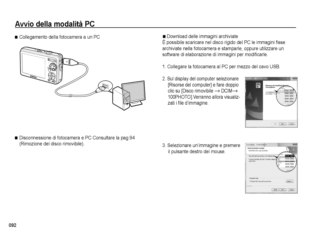 Samsung EC-PL51ZZBPNIT manual Collegare la fotocamera al PC per mezzo del cavo USB, 100PHOTO.Verranno allora visualiz 