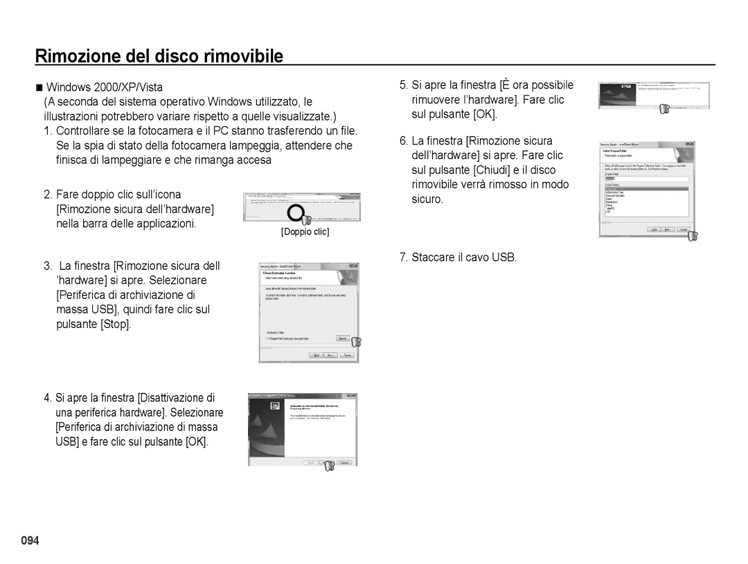 Samsung EC-PL51ZZBPAIT manual Rimozione del disco rimovibile, Windows 2000/XP/Vista, Nella barra delle applicazioni 