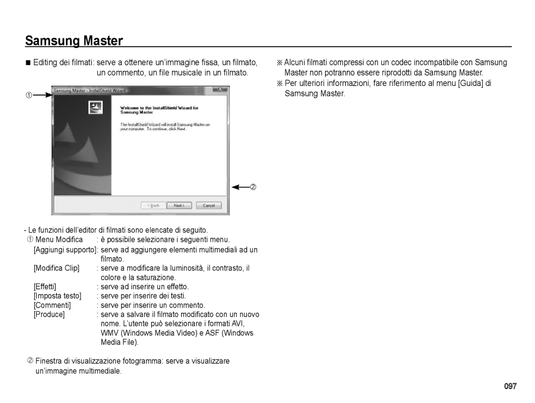 Samsung EC-PL51ZZBPNIT Le funzioni dell’editor di filmati sono elencate di seguito, Filmato, Modifica Clip, Media File 