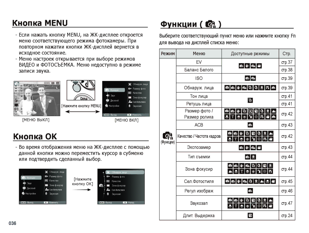 Samsung EC-PL51ZZBPBRU manual Кнопка Menu Функции, Для вывода на дисплей списка меню, Исходное состояние, Записи звука 