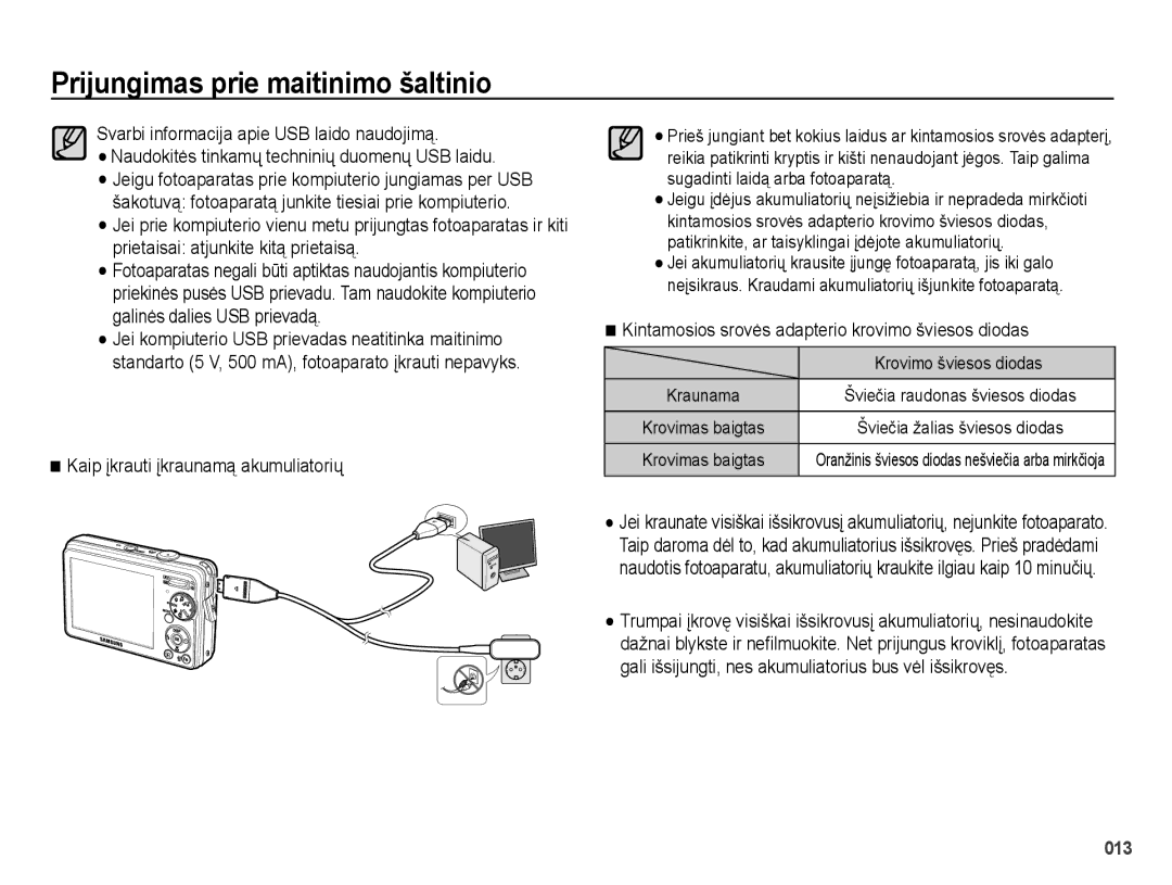 Samsung EC-PL51ZZBPARU manual Kaip įkrauti įkraunamą akumuliatorių, Kintamosios srovės adapterio krovimo šviesos diodas 