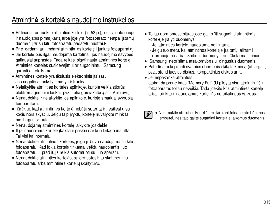 Samsung EC-PL51ZZBPARU, EC-PL51ZZBPBRU manual Atmintinės kortelės naudojimo instrukcijos, Jei nepakanka atminties 