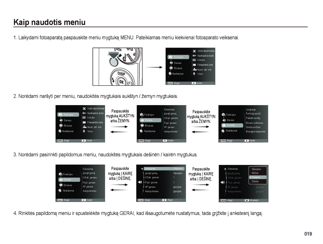 Samsung EC-PL51ZZBPARU, EC-PL51ZZBPBRU manual Kaip naudotis meniu, Arba Žemyn 