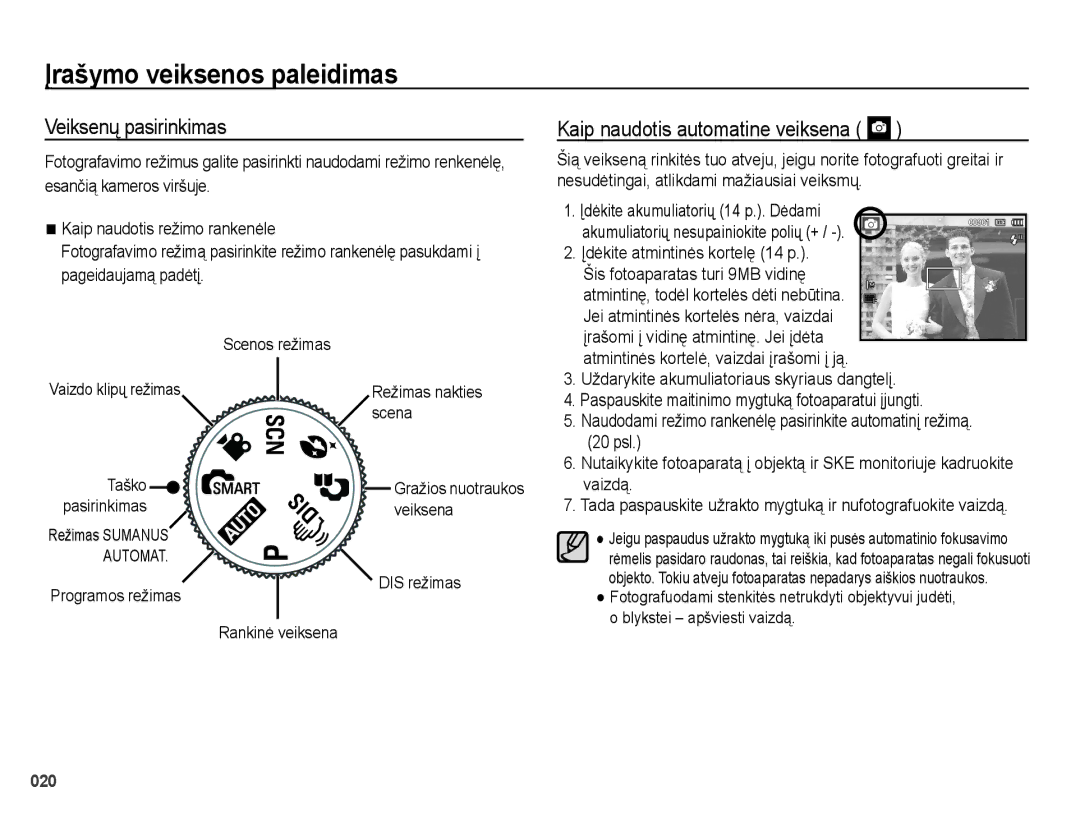 Samsung EC-PL51ZZBPBRU manual Įrašymo veiksenos paleidimas, Veiksenų pasirinkimas, Kaip naudotis automatine veiksena 