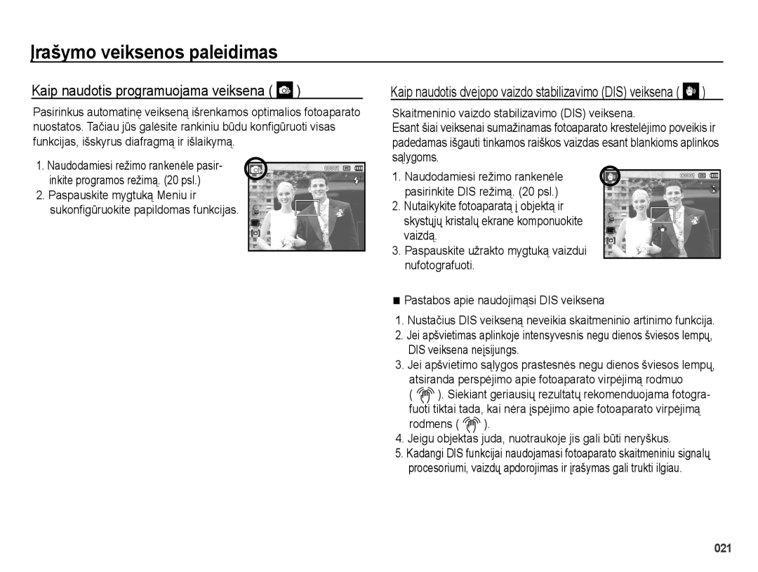 Samsung EC-PL51ZZBPARU Kaip naudotis programuojama veiksena, Naudodamiesi režimo rankenėle pasirinkite DIS režimą psl 