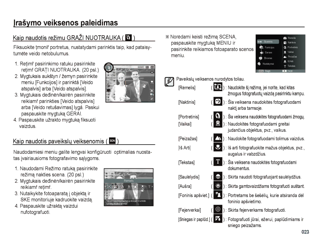 Samsung EC-PL51ZZBPARU, EC-PL51ZZBPBRU manual Kaip naudotis režimu Graži Nuotrauka, Kaip naudotis paveikslų veiksenomis 