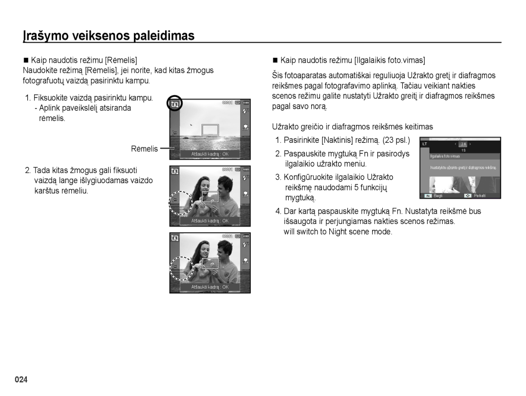 Samsung EC-PL51ZZBPBRU, EC-PL51ZZBPARU manual Pasirinkite Naktinis režimą psl, Will switch to Night scene mode 