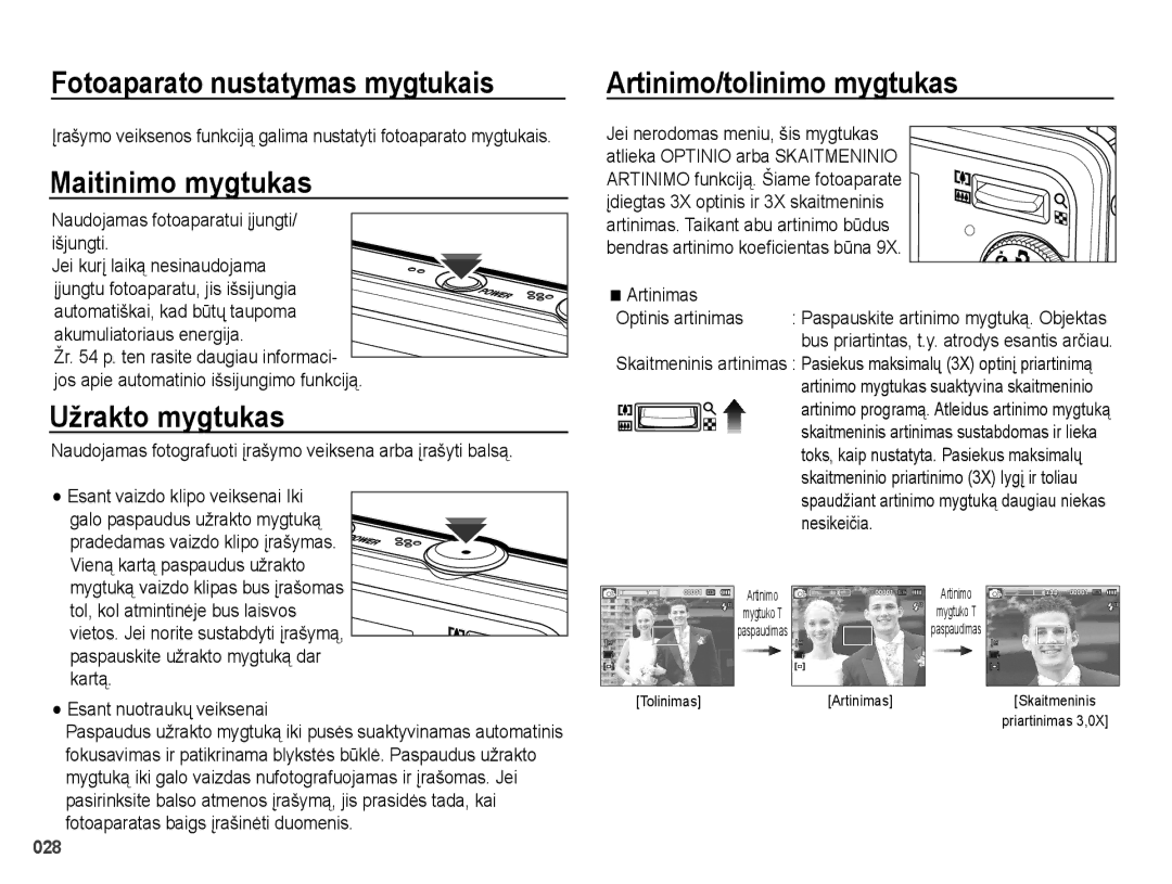 Samsung EC-PL51ZZBPBRU Fotoaparato nustatymas mygtukais, Maitinimo mygtukas, Užrakto mygtukas, Artinimo/tolinimo mygtukas 