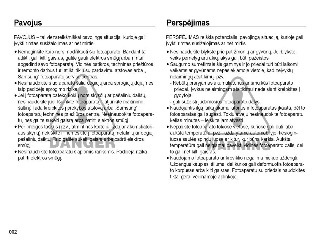 Samsung EC-PL51ZZBPBRU, EC-PL51ZZBPARU manual Pavojus, Perspėjimas 