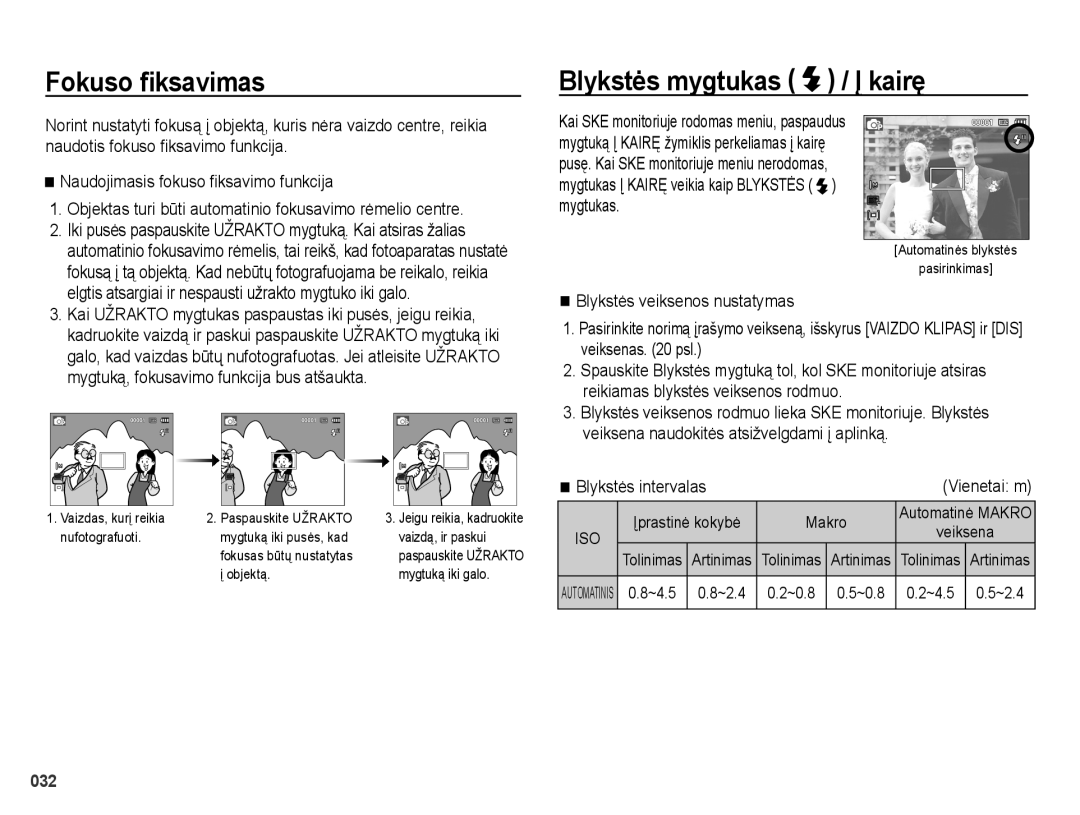 Samsung EC-PL51ZZBPBRU manual Fokuso ﬁksavimas, Blykstės mygtukas / Į kairę, Blykstės intervalas Vienetai m, ~4.5 ~2.4 ~0.8 