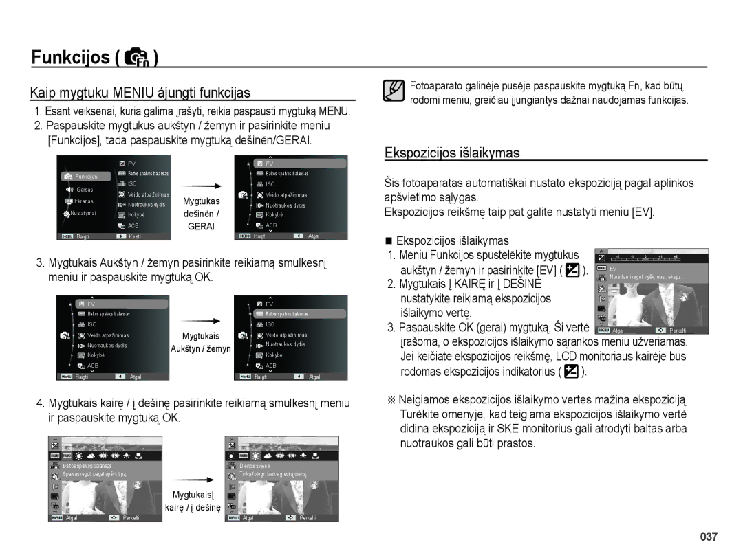 Samsung EC-PL51ZZBPARU manual Kaip mygtuku Meniu ájungti funkcijas, Ekspozicijos išlaikymas, Mygtukais Į Kairę ir Į Dešinė 