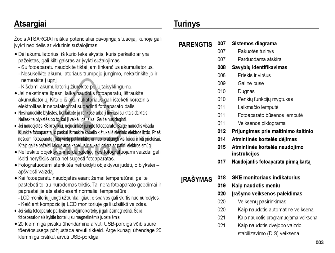 Samsung EC-PL51ZZBPARU, EC-PL51ZZBPBRU manual Atsargiai Turinys, Keičiant kompoziciją LCD monitoriuje gali užsilikti vaizdas 