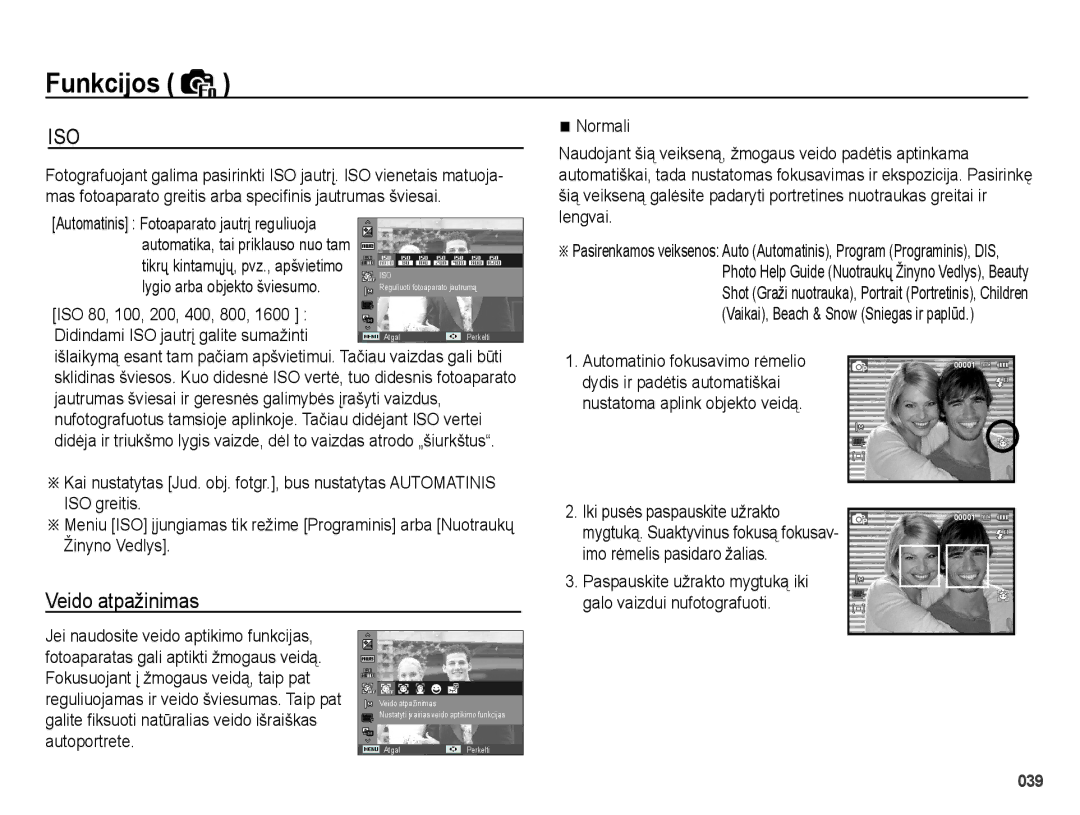 Samsung EC-PL51ZZBPARU manual Veido atpažinimas, Lygio arba objekto šviesumo, Automatinis Fotoaparato jautrį reguliuoja 