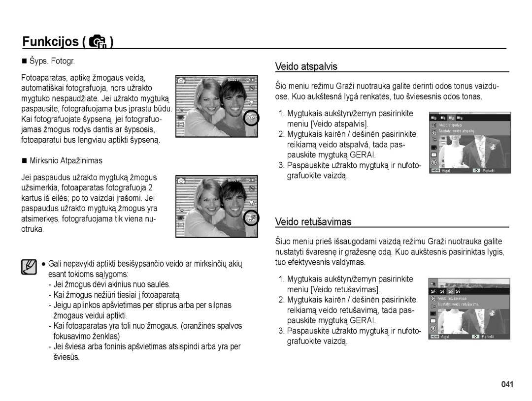 Samsung EC-PL51ZZBPARU, EC-PL51ZZBPBRU manual Veido atspalvis, Veido retušavimas, Šyps. Fotogr, Mirksnio Atpažinimas 