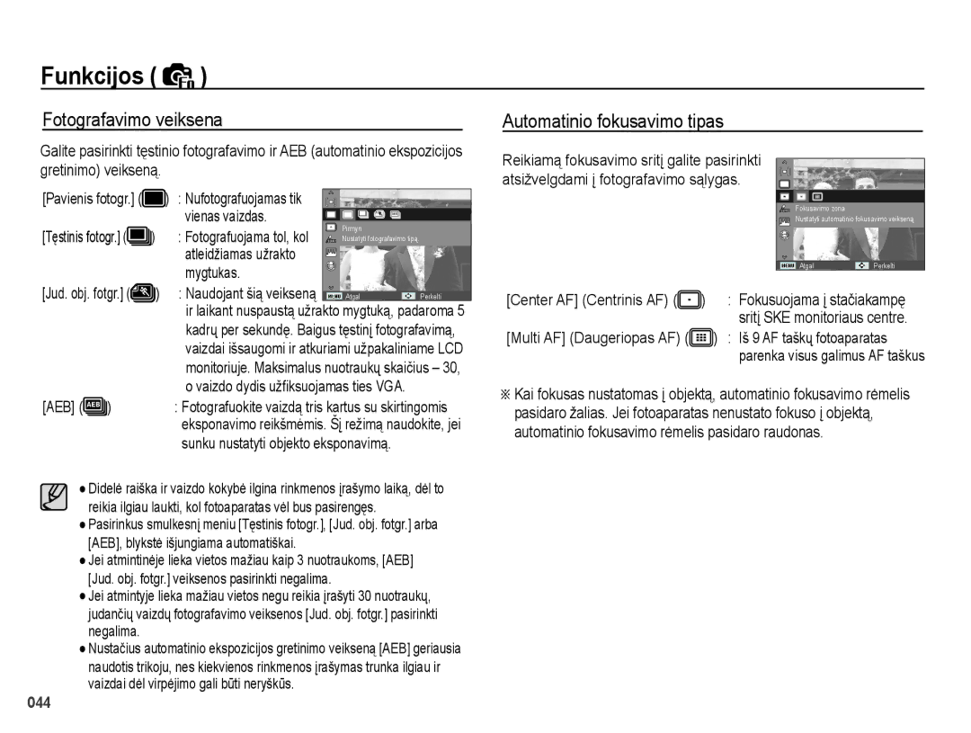 Samsung EC-PL51ZZBPBRU, EC-PL51ZZBPARU manual Fotografavimo veiksena, Automatinio fokusavimo tipas 