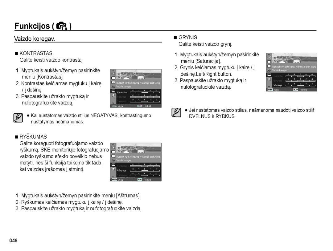 Samsung EC-PL51ZZBPBRU Vaizdo koregav, Galite keisti vaizdo grynį, Mygtukais aukštyn/žemyn pasirinkite meniu Saturacija 