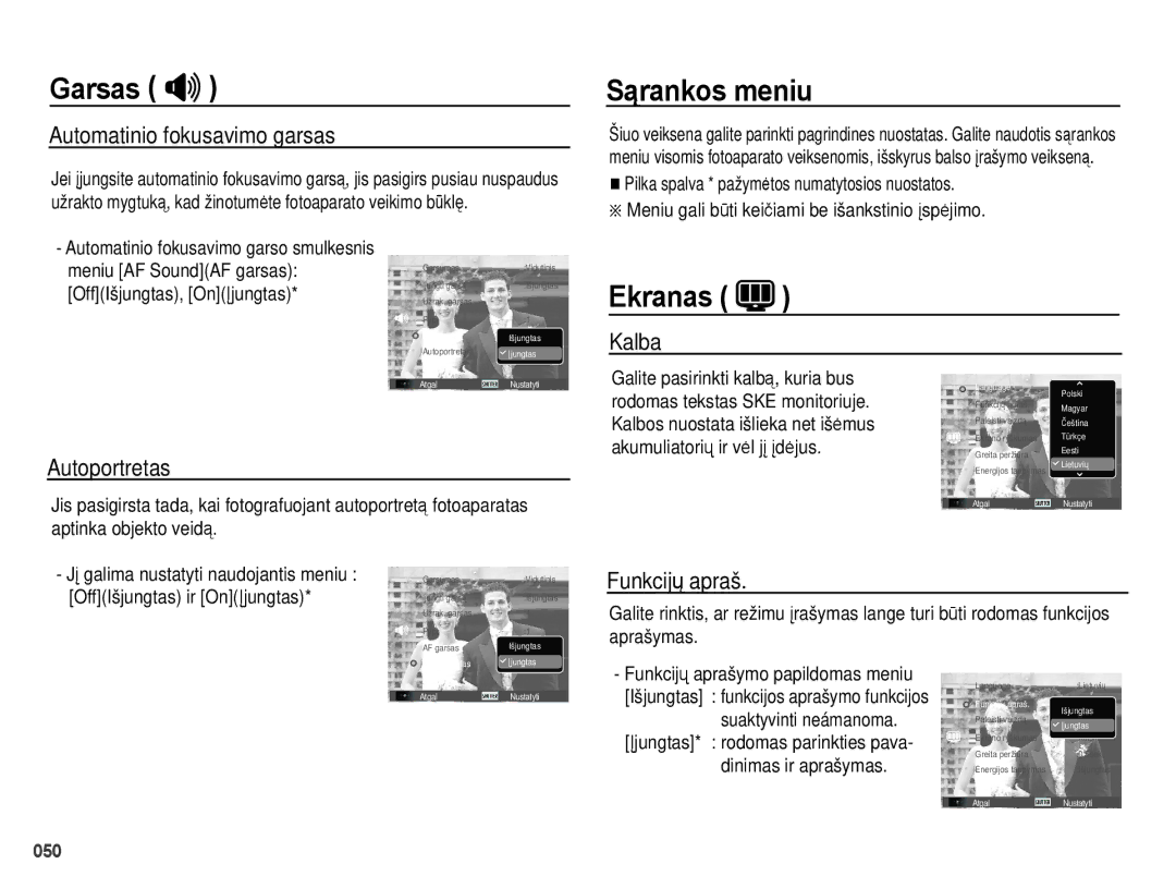 Samsung EC-PL51ZZBPBRU, EC-PL51ZZBPARU manual Sąrankos meniu, Ekranas 