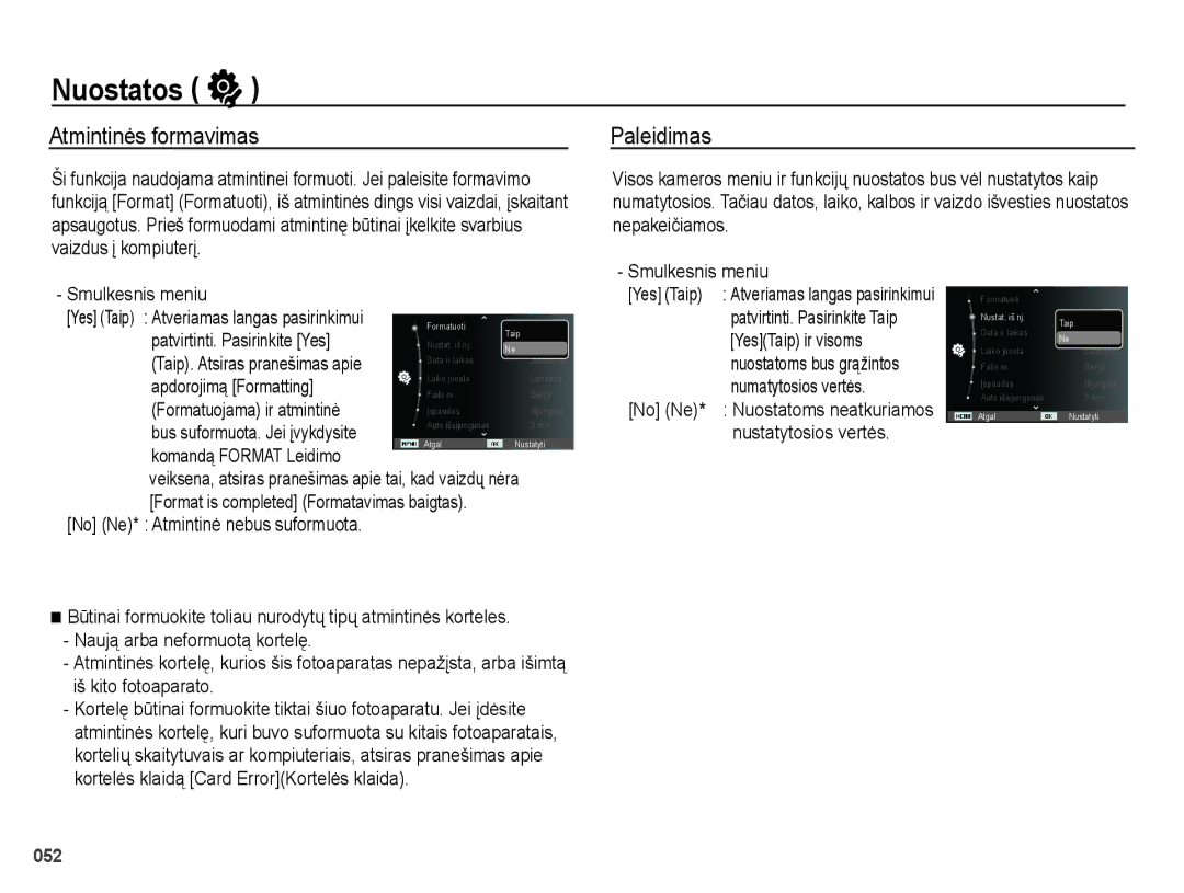 Samsung EC-PL51ZZBPBRU, EC-PL51ZZBPARU manual Nuostatos, Atmintinės formavimas, Paleidimas 