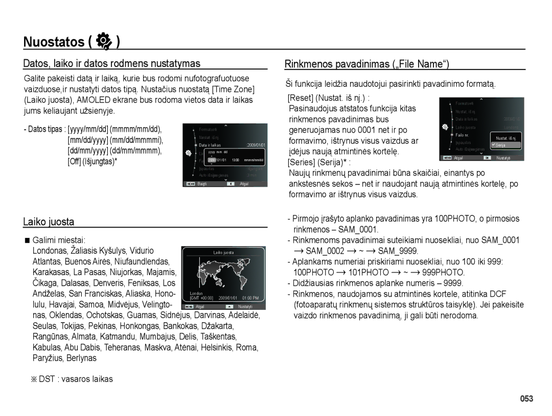 Samsung EC-PL51ZZBPARU manual Datos, laiko ir datos rodmens nustatymas, Rinkmenos pavadinimas „File Name, Laiko juosta 