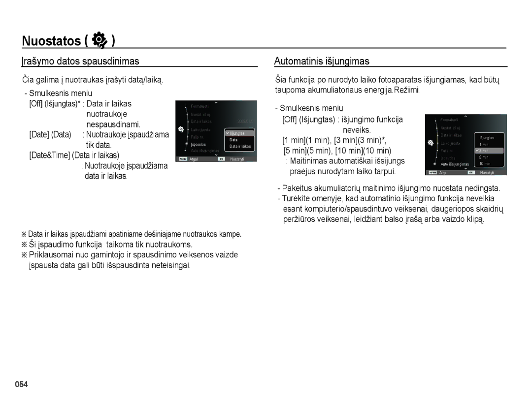 Samsung EC-PL51ZZBPBRU Įrašymo datos spausdinimas Automatinis išjungimas, Nuotraukoje, Tik data Date&Time Data ir laikas 