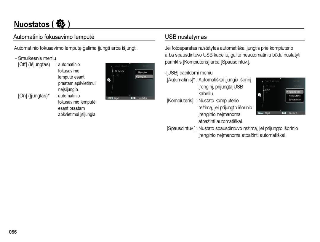 Samsung EC-PL51ZZBPBRU, EC-PL51ZZBPARU manual Automatinio fokusavimo lemputė, USB nustatymas 