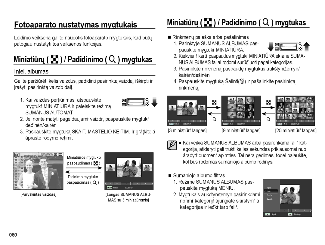 Samsung EC-PL51ZZBPBRU manual Miniatiūrų º / Padidinimo í mygtukas, Intel. albumas, Rinkmenų paieška arba pašalinimas 