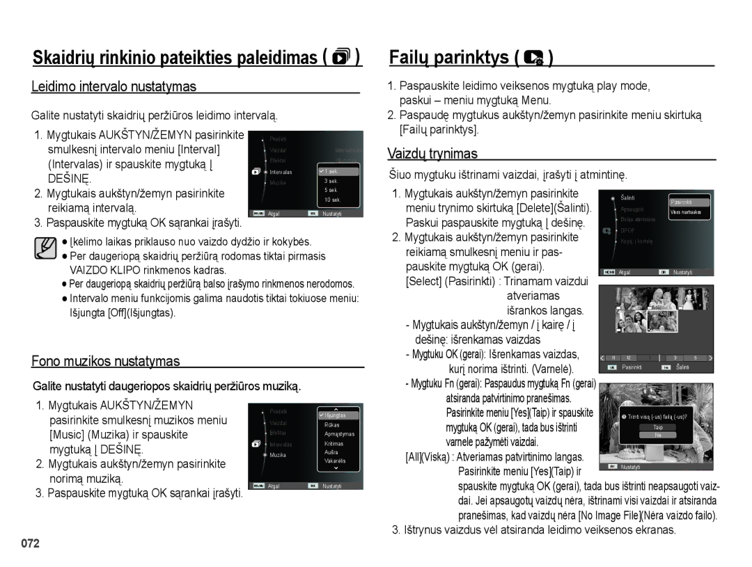 Samsung EC-PL51ZZBPBRU manual Failų parinktys, Leidimo intervalo nustatymas, Vaizdų trynimas, Fono muzikos nustatymas 