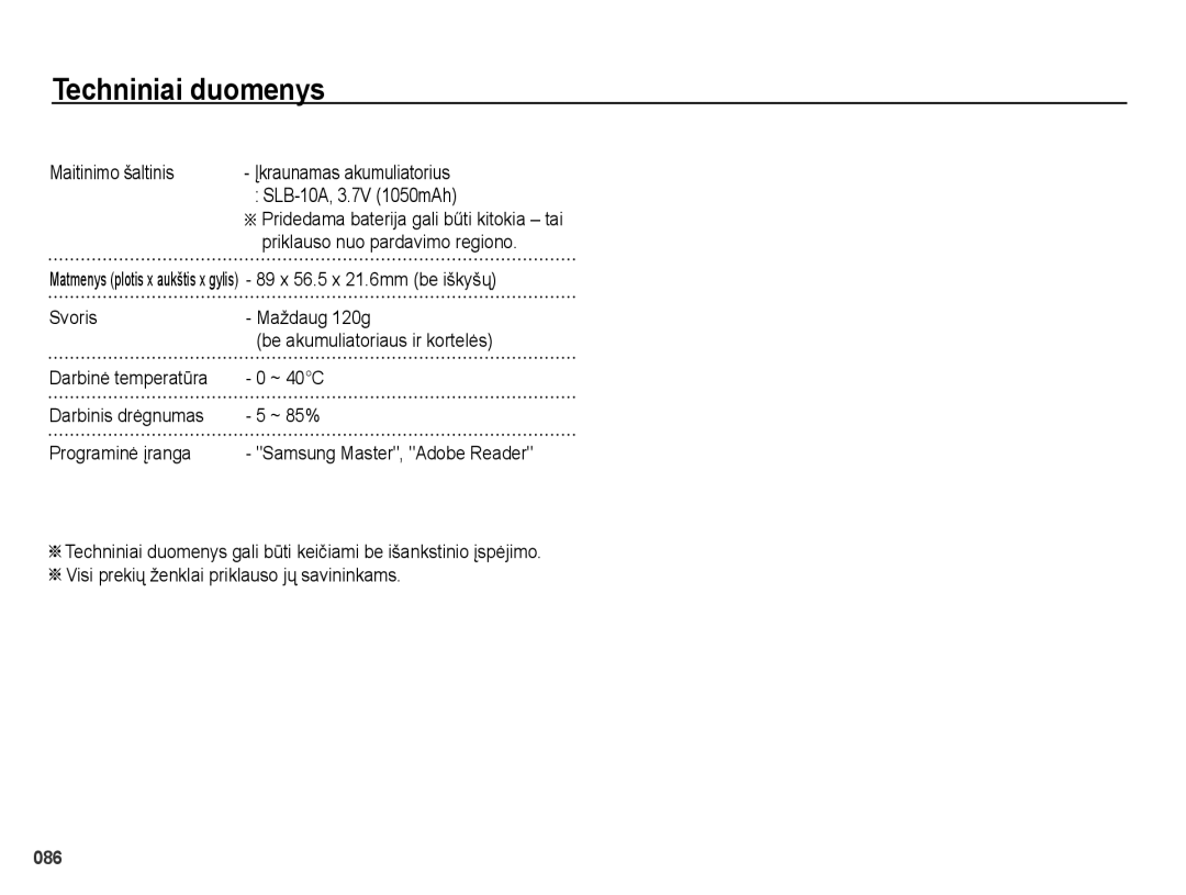 Samsung EC-PL51ZZBPBRU, EC-PL51ZZBPARU manual Priklauso nuo pardavimo regiono, ~ 40C, ~ 85%, Programinė įranga 