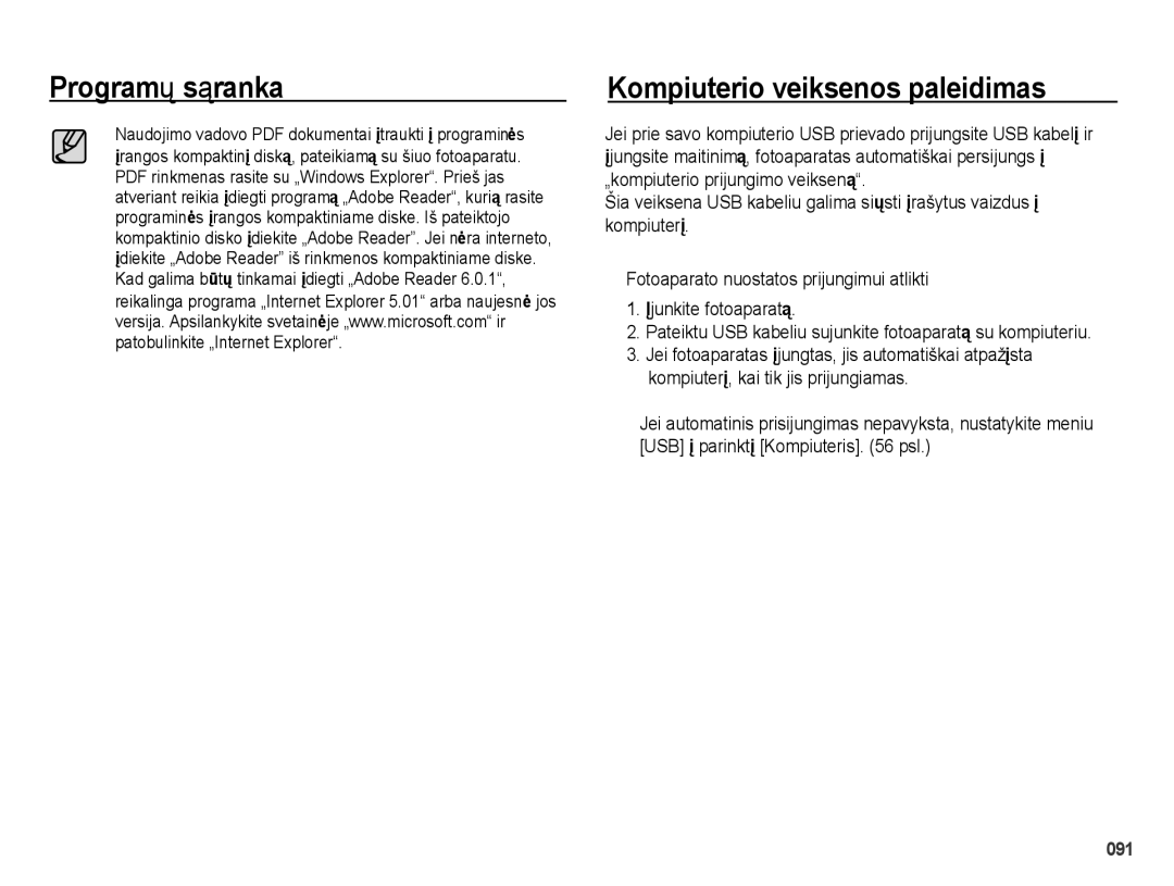 Samsung EC-PL51ZZBPARU, EC-PL51ZZBPBRU manual Programų sąranka Kompiuterio veiksenos paleidimas 