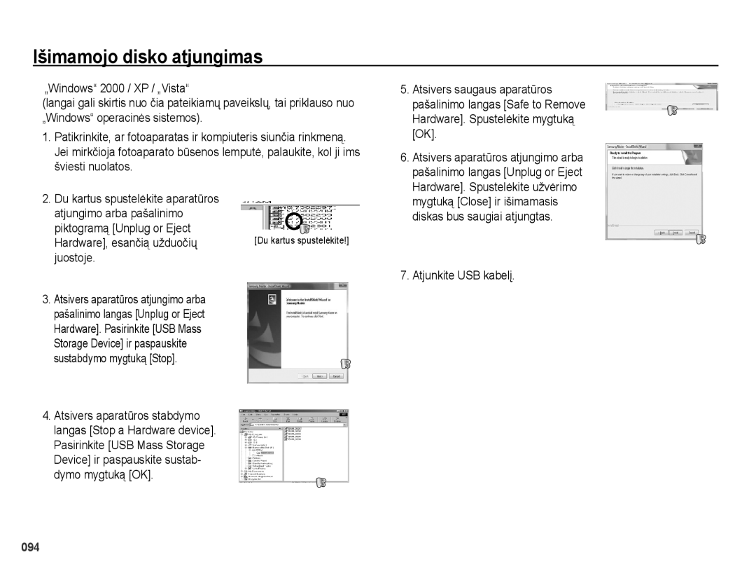 Samsung EC-PL51ZZBPBRU manual Išimamojo disko atjungimas, Piktogramą Unplug or Eject Hardware, esančią užduočių, Juostoje 