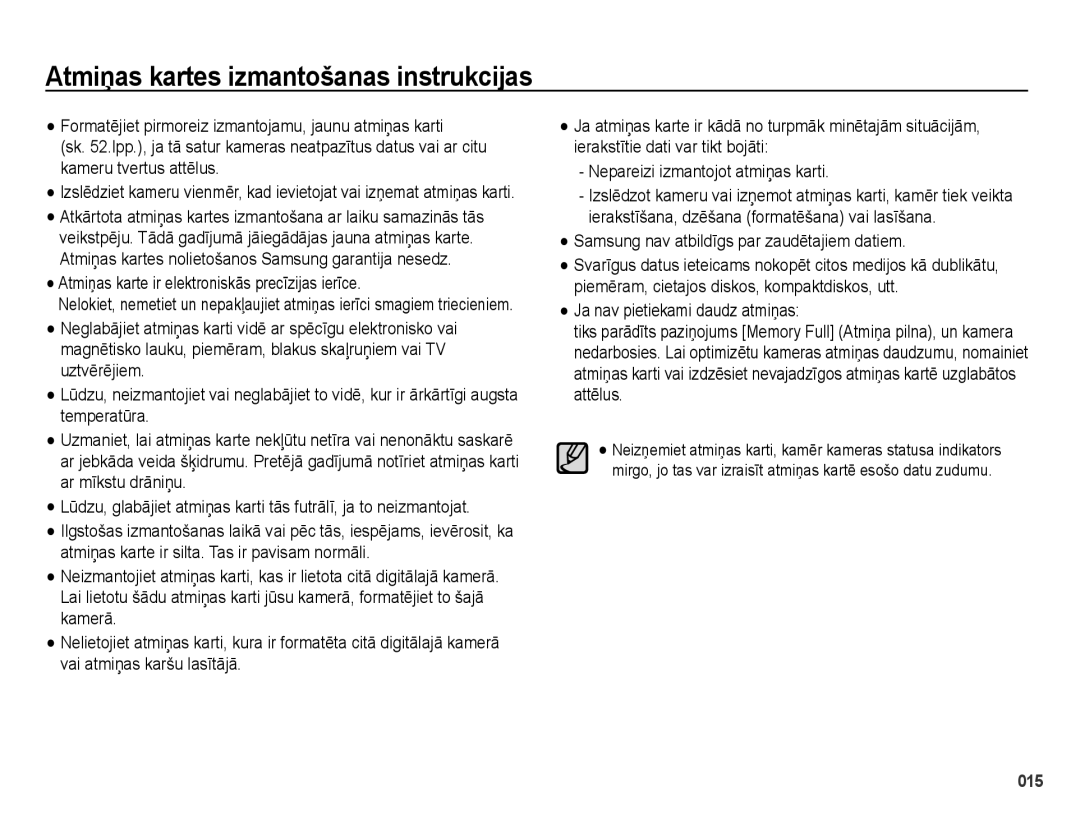 Samsung EC-PL51ZZBPARU manual Atmiņas kartes izmantošanas instrukcijas, Atmiņas karte ir elektroniskās precīzijas ierīce 