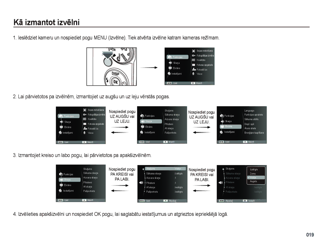 Samsung EC-PL51ZZBPARU, EC-PL51ZZBPBRU manual Kā izmantot izvēlni, UZ Leju 